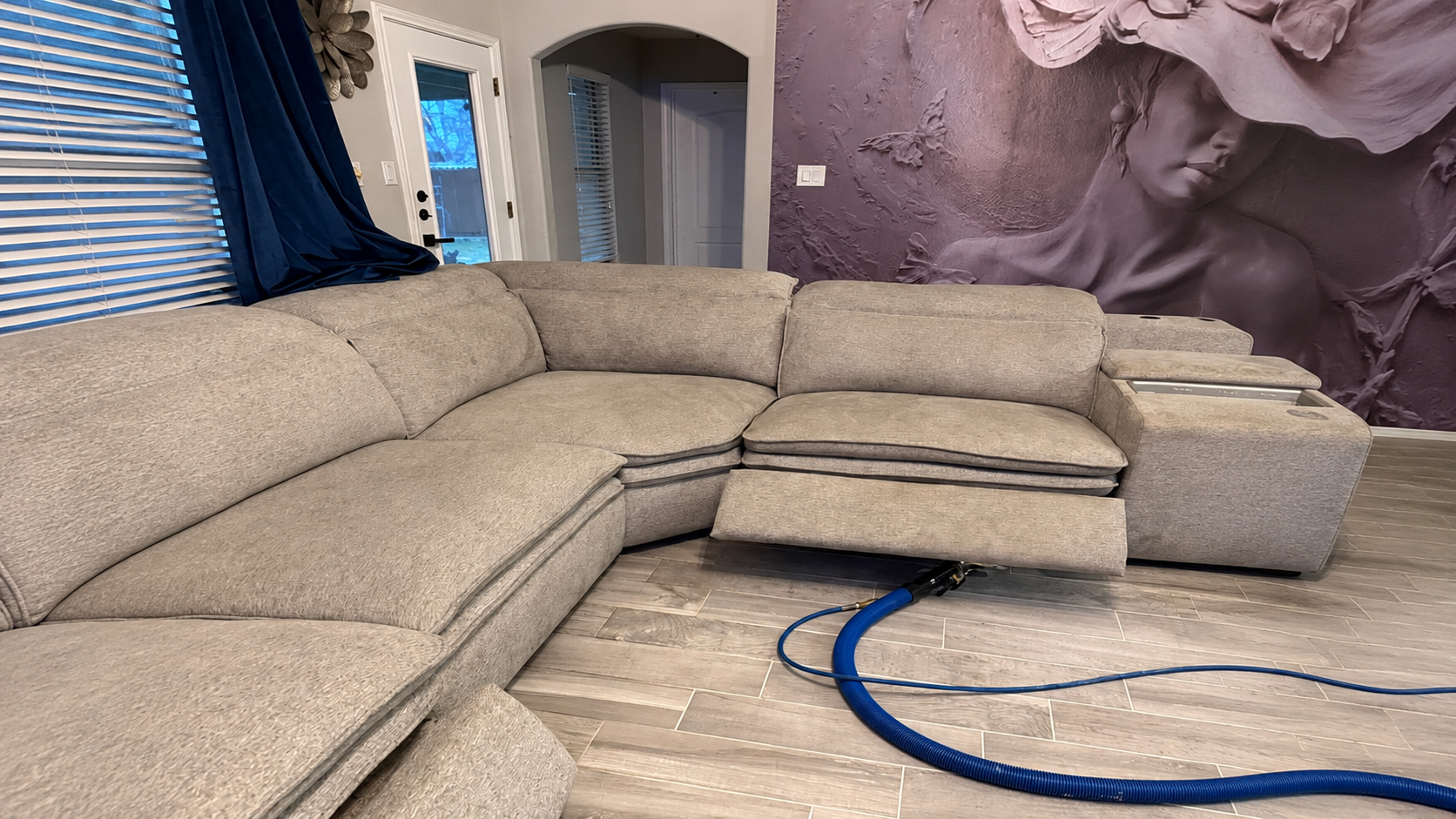 Sofa before cleaning with visible stains